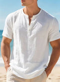 KHANKINSON Men's Cotton Linen Henley Short Sleeve T Shirt Lightweight Breathable Solid Color Casual Loose Fit Summer Beach Vacation Top