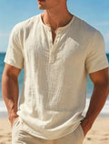 KHANKINSON Men's Cotton Linen Henley Short Sleeve T Shirt Lightweight Breathable Solid Color Casual Loose Fit Summer Beach Vacation Top