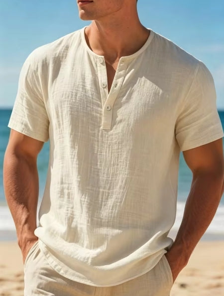 KHANKINSON Men's Cotton Linen Henley Short Sleeve T Shirt Lightweight Breathable Solid Color Casual Loose Fit Summer Beach Vacation Top