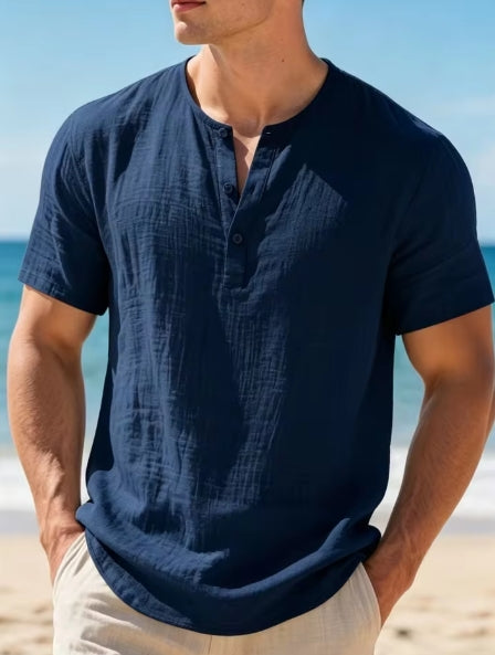 KHANKINSON Men's Cotton Linen Henley Short Sleeve T Shirt Lightweight Breathable Solid Color Casual Loose Fit Summer Beach Vacation Top