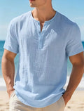 KHANKINSON Men's Cotton Linen Henley Short Sleeve T Shirt Lightweight Breathable Solid Color Casual Loose Fit Summer Beach Vacation Top