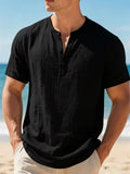 KHANKINSON Men's Cotton Linen Henley Short Sleeve T Shirt Lightweight Breathable Solid Color Casual Loose Fit Summer Beach Vacation Top