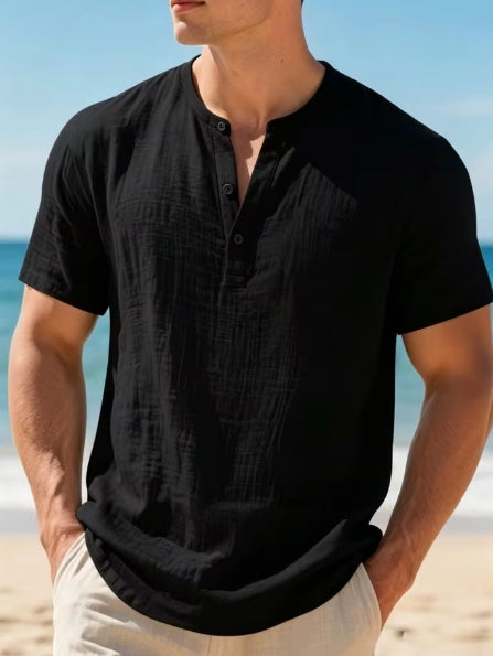 KHANKINSON Men's Cotton Linen Henley Short Sleeve T Shirt Lightweight Breathable Solid Color Casual Loose Fit Summer Beach Vacation Top