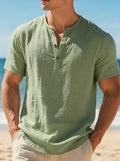 KHANKINSON Men's Cotton Linen Henley Short Sleeve T Shirt Lightweight Breathable Solid Color Casual Loose Fit Summer Beach Vacation Top